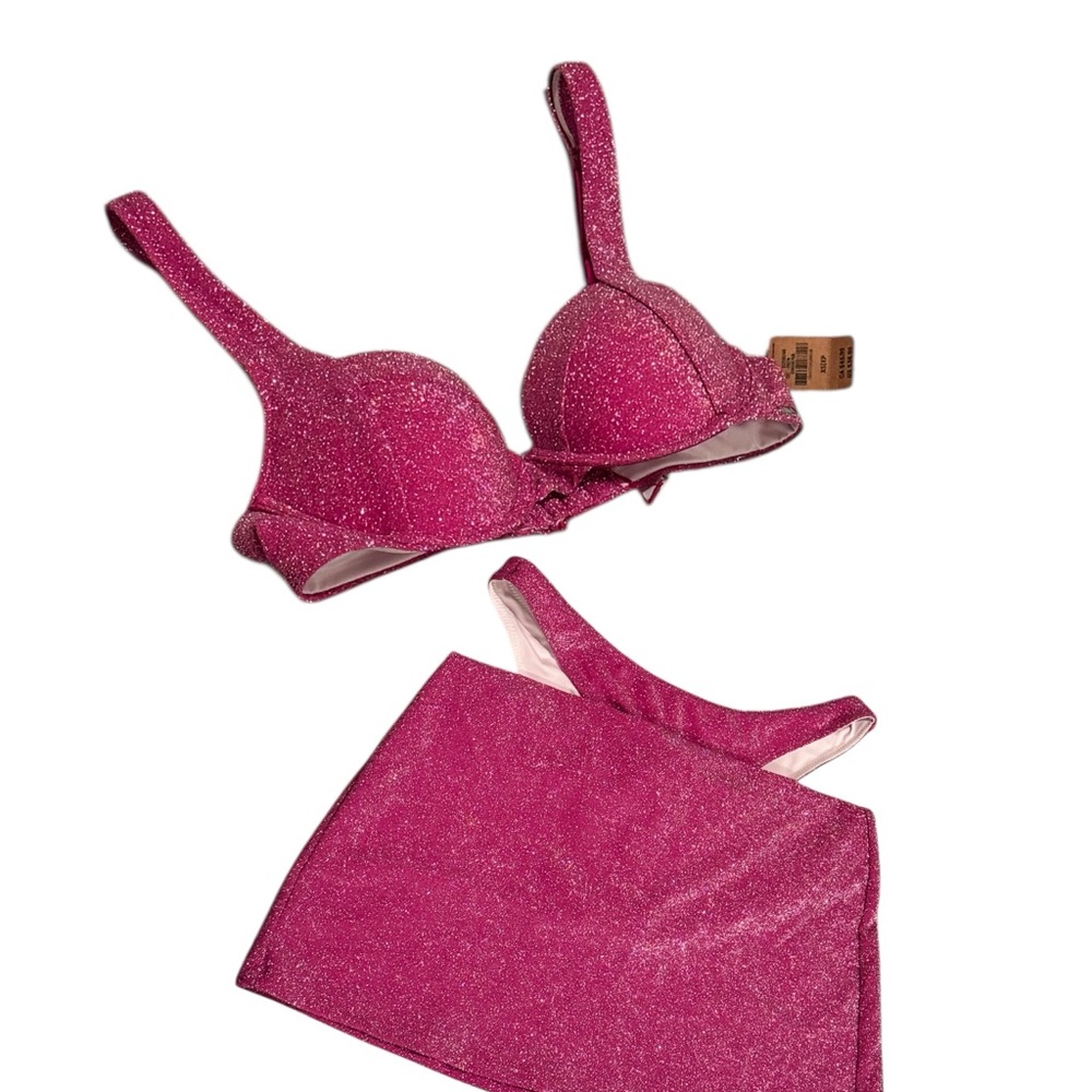 PINK Victoria's Secret Glittery Fuchsia pink full bikini + coverup skirt set